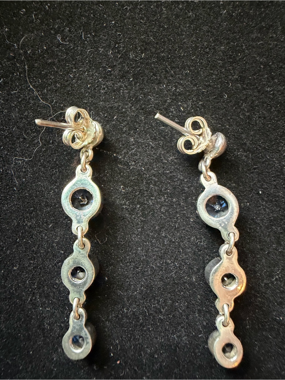 925 Sterling Silver Blue Topaz 3-Stone Dangle Drop Earrings - Picture 3 of 5